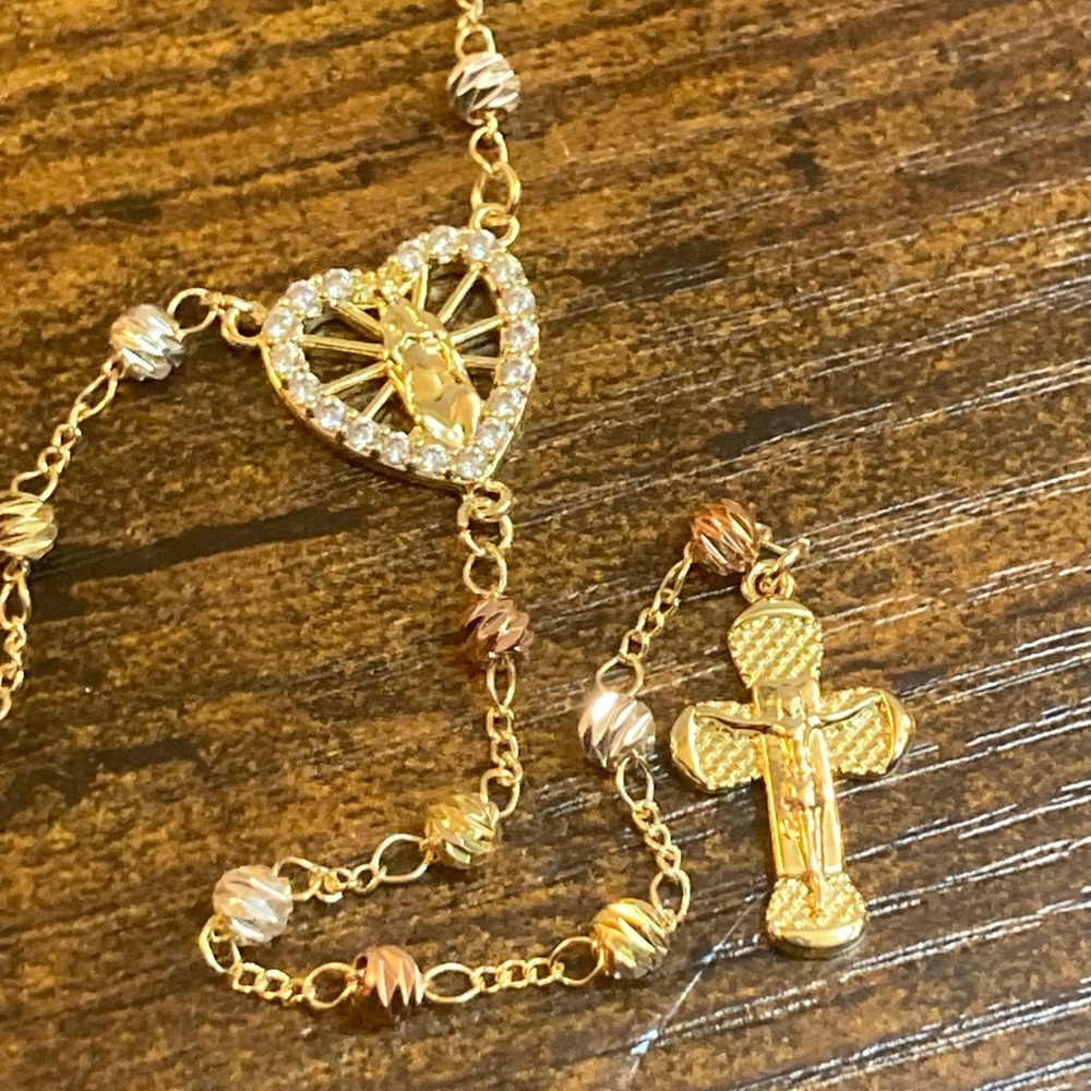 Tewiky Tri-Color Rosary Necklace 20" Heart Virgin Mary Crucifix Y-Necklace